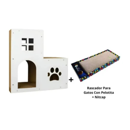 Rascador 2 pisos + rascador de piso con pelotas